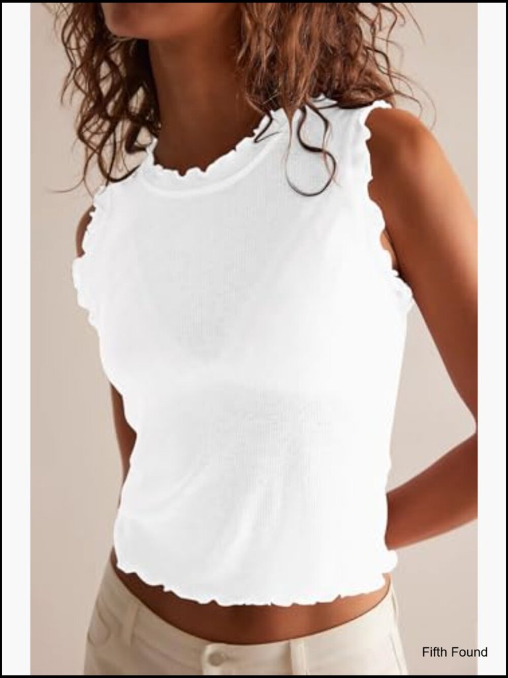 Sleeveless Ribbed Knit Tank Top Crew Neck Ruffle Trim Slim Fitted Summer Staple - Picture 2 of 7